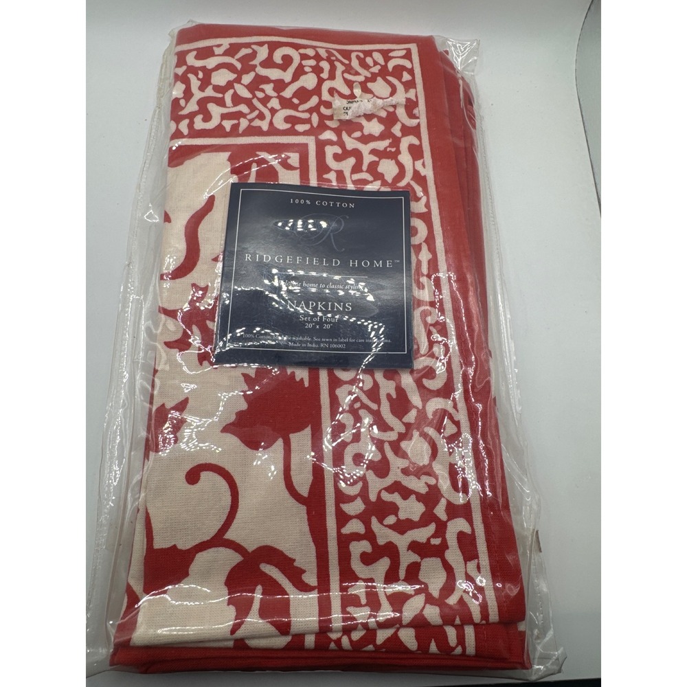 Ridgefield Home Red Cream Floral Cotton Napkins Set of 4 20x20 Square India New